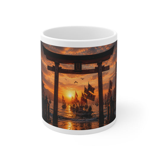 Sunset Torii & Sailing Ships Mug — Japanese Shrine Landscape Coffee Cup