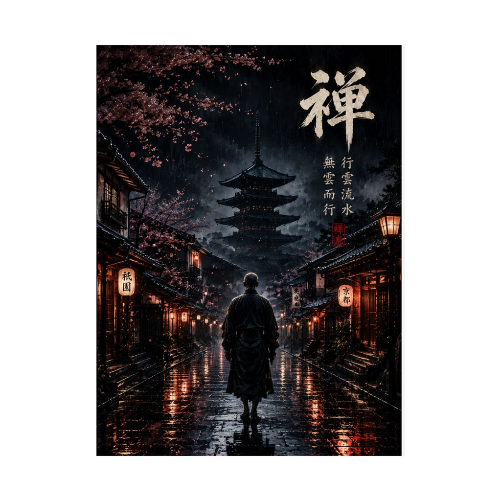 Zen Samurai Matte Poster — Japanese Pagoda Nightscape with Kanji