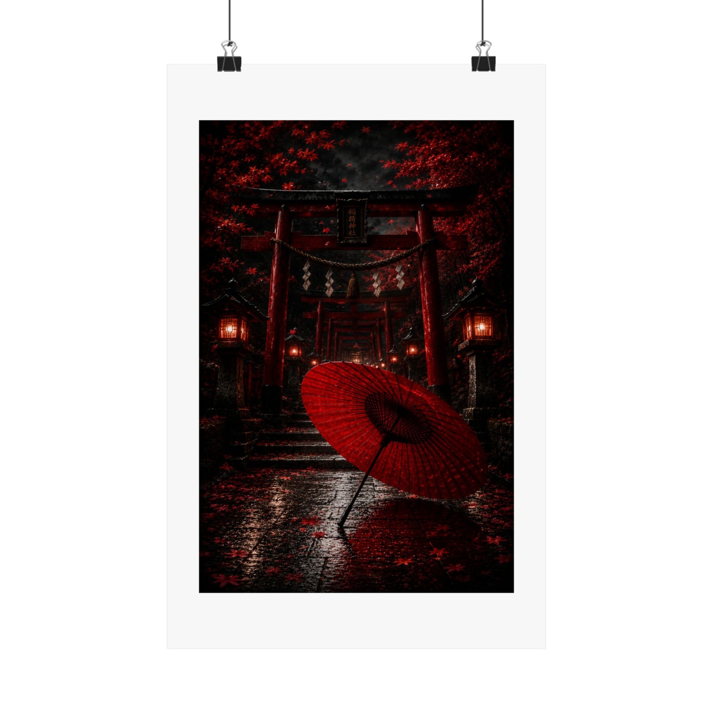 Japanese Torii Gate Poster — Red Umbrella Nightfall Matte Vertical Art