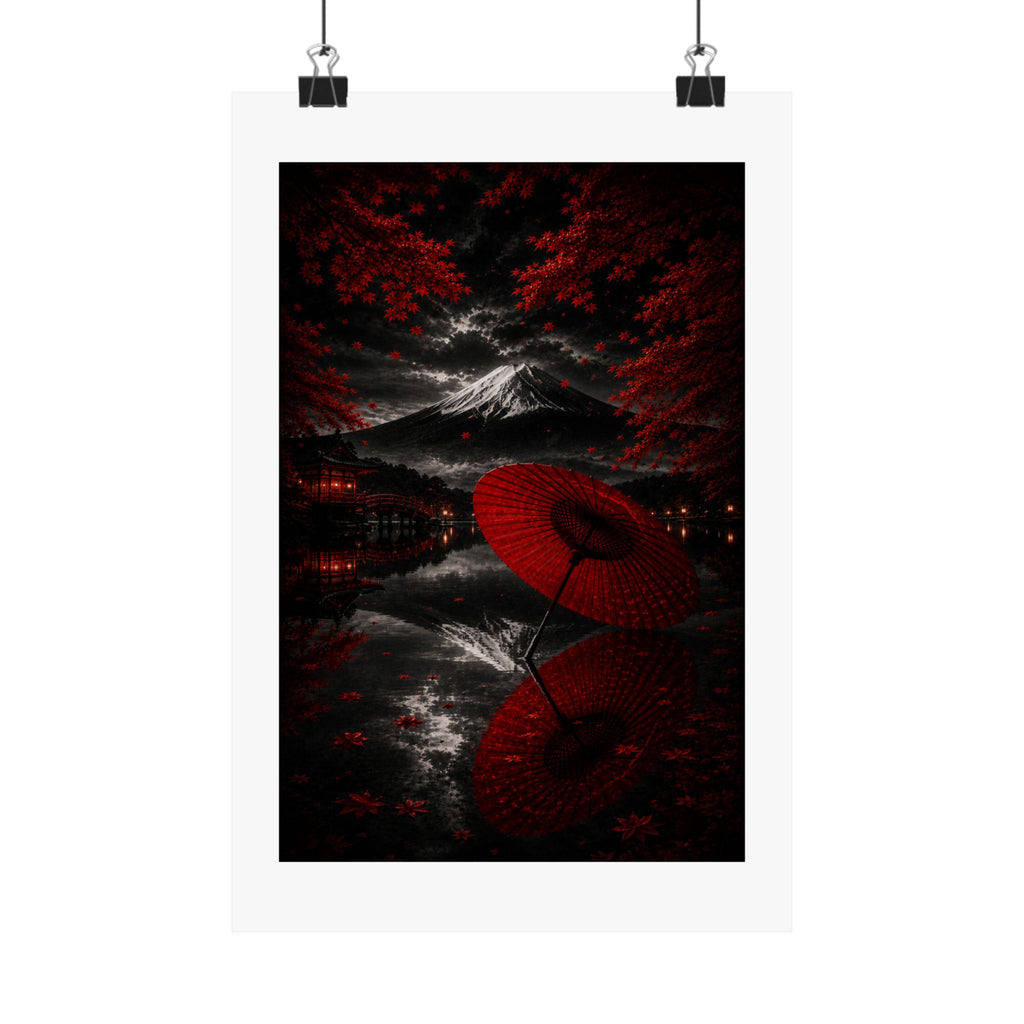 Japanese Red Umbrella & Mount Fuji Matte Poster — Vertical Wall Art