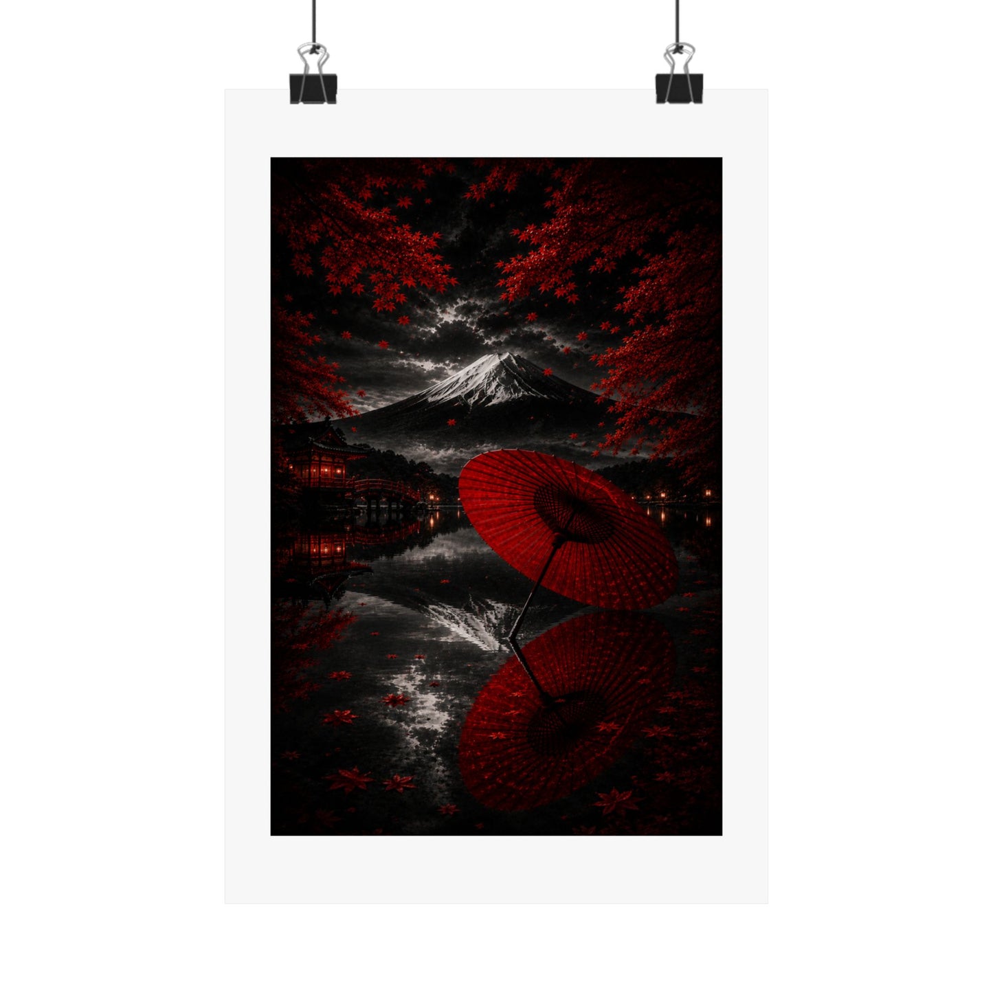 Japanese Red Umbrella & Mount Fuji Matte Poster — Vertical Wall Art