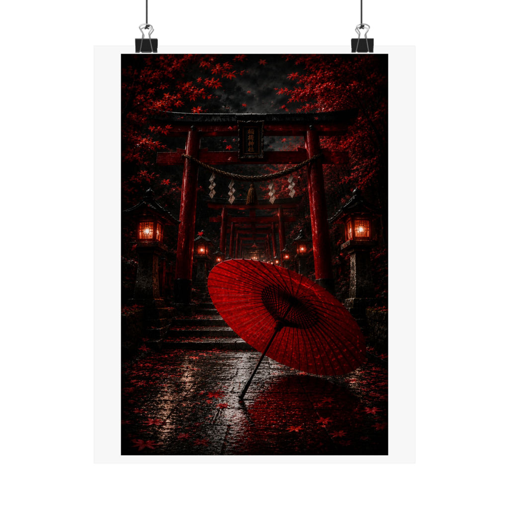 Japanese Torii Gate Poster — Red Umbrella Nightfall Matte Vertical Art