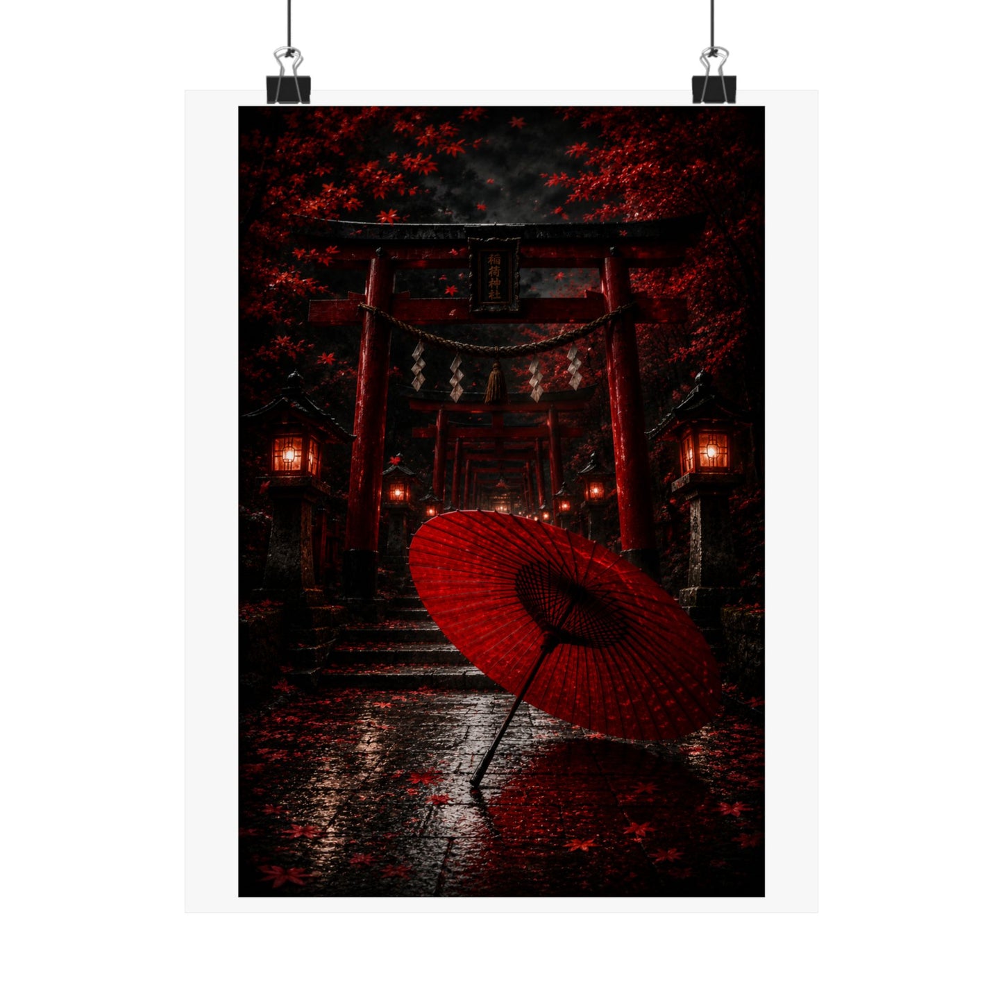 Japanese Torii Gate Poster — Red Umbrella Nightfall Matte Vertical Art