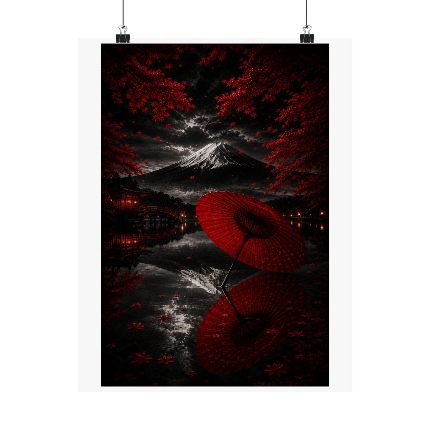 Japanese Red Umbrella & Mount Fuji Matte Poster — Vertical Wall Art