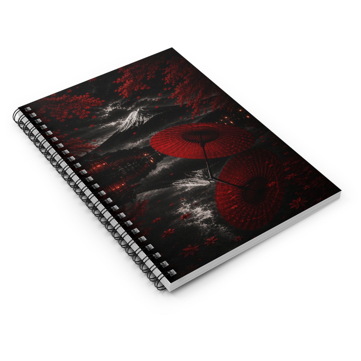 Japanese Umbrella & Mt. Fuji Spiral Notebook — Red Maple Night Journal (Ruled)