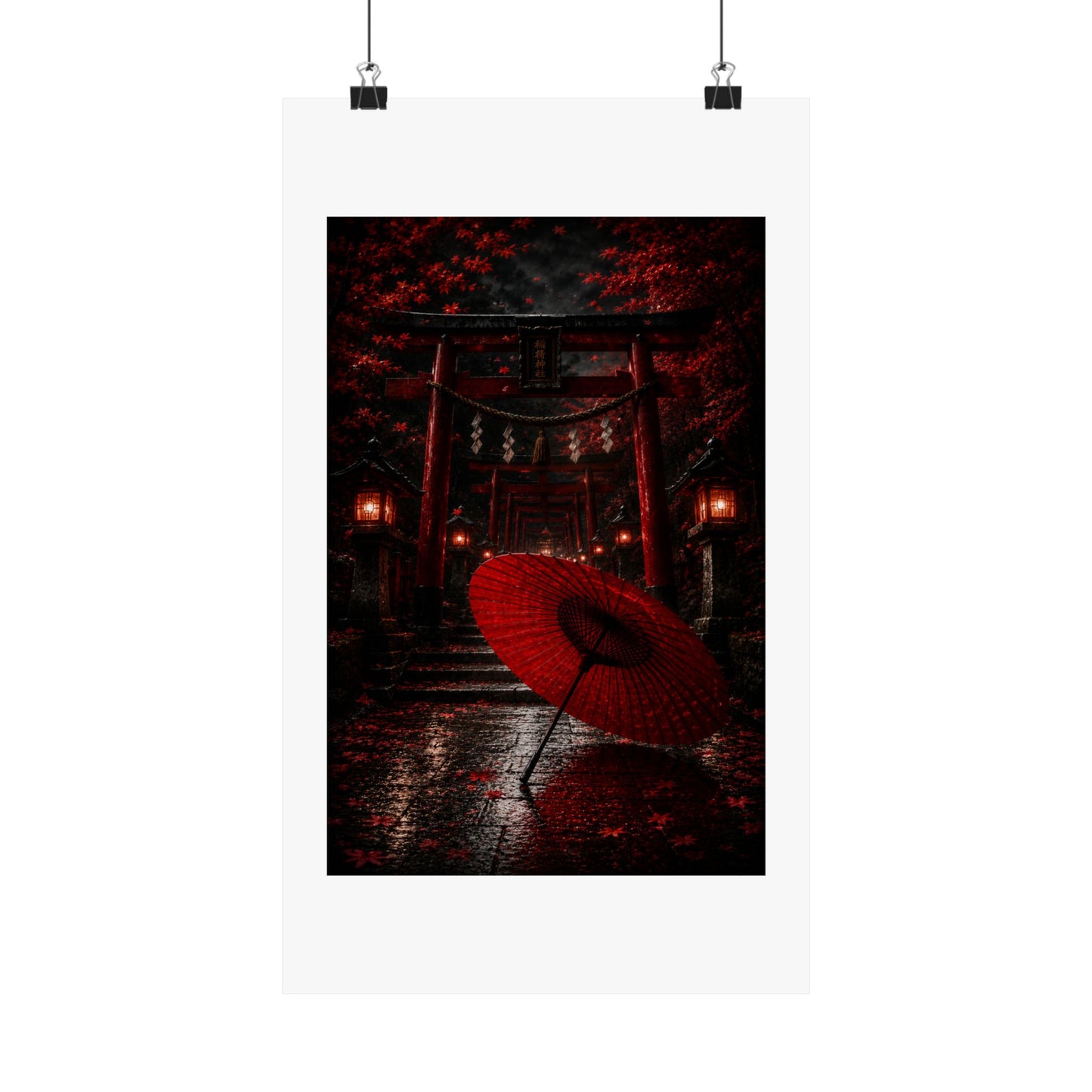 Japanese Torii Gate Poster — Red Umbrella Nightfall Matte Vertical Art