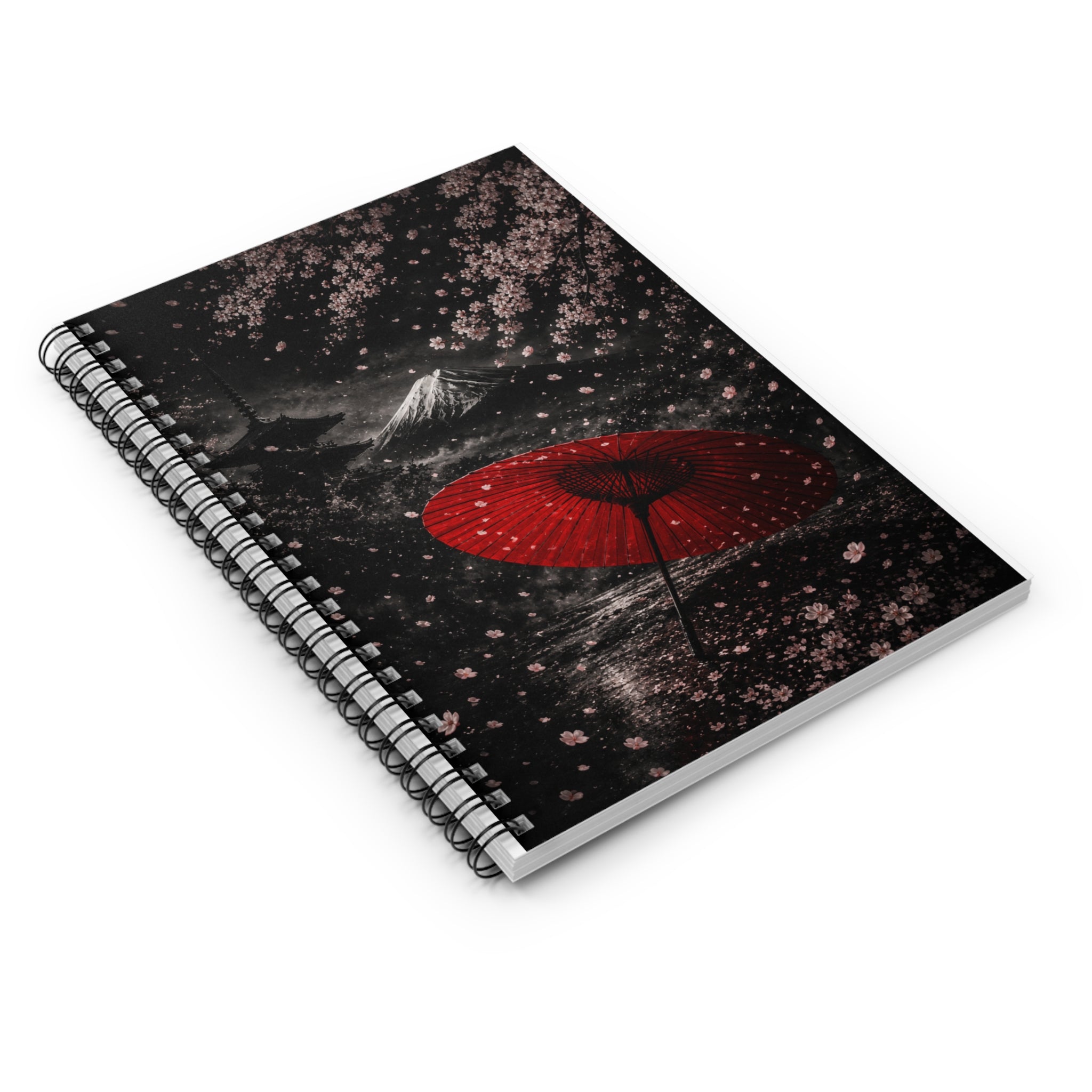 Japanese Cherry Blossom Notebook — Red Umbrella & Mount Fuji Spiral Journal