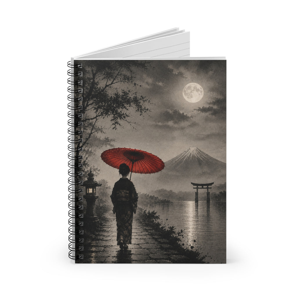 Moonlit Japanese Scene Spiral Notebook — Red Umbrella, Mount Fuji Journal
