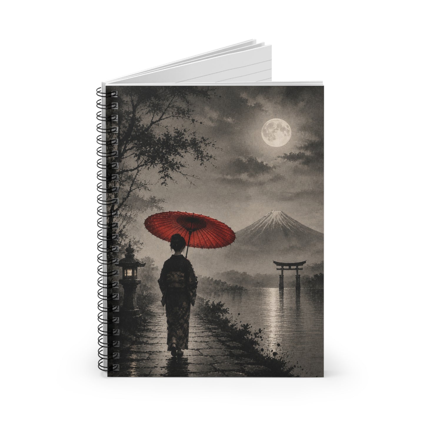 Moonlit Japanese Scene Spiral Notebook — Red Umbrella, Mount Fuji Journal