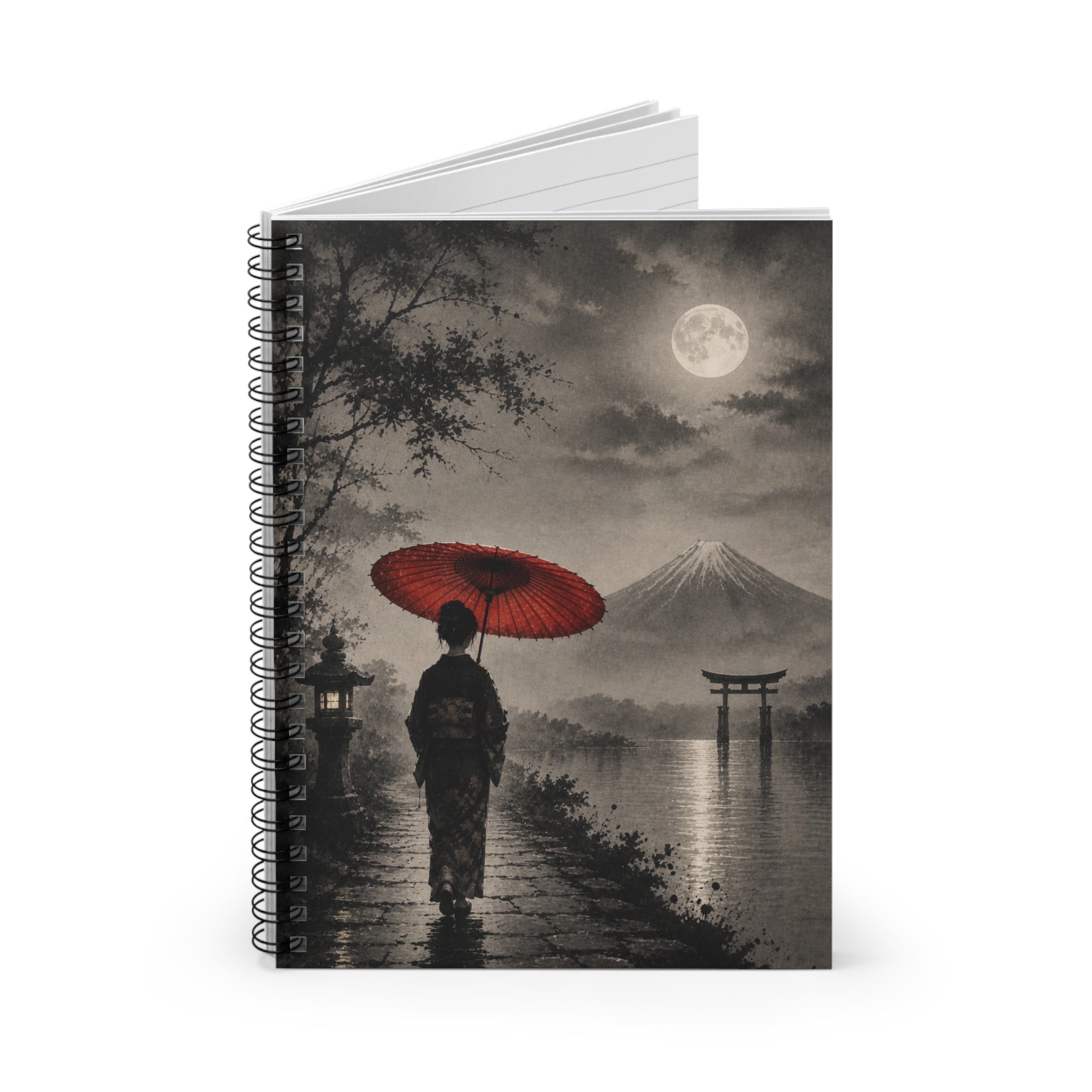 Moonlit Japanese Scene Spiral Notebook — Red Umbrella, Mount Fuji Journal
