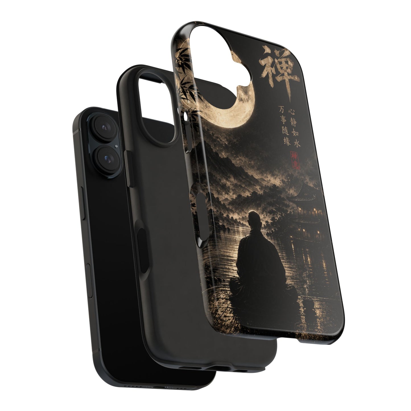 Zen Moon Tough Phone Case — Meditating Silhouette with Japanese Calligraphy