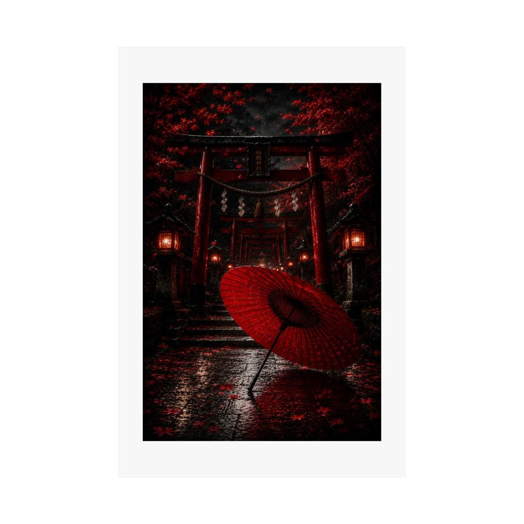 Japanese Torii Gate Poster — Red Umbrella Nightfall Matte Vertical Art