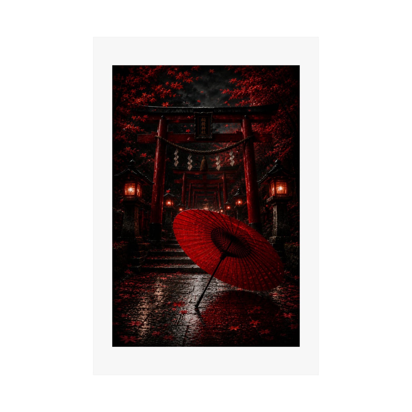Japanese Torii Gate Poster — Red Umbrella Nightfall Matte Vertical Art
