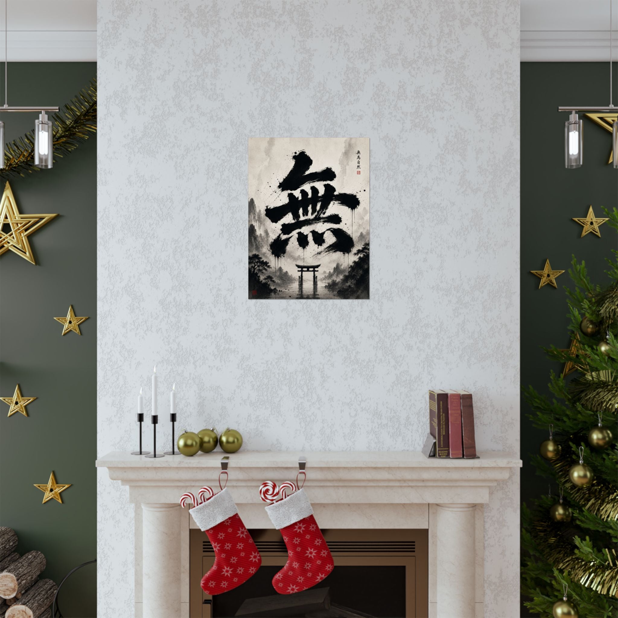 FUJI NOIR Matte Poster — Japanese Sumi-e 'Mu' Calligraphy with Torii Gate (Zen Wall Art)