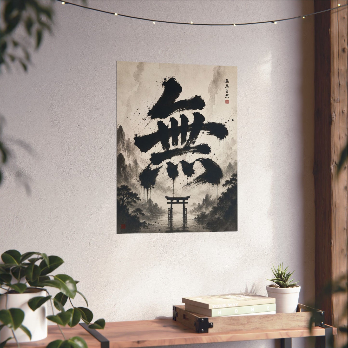FUJI NOIR Matte Poster — Japanese Sumi-e 'Mu' Calligraphy with Torii Gate (Zen Wall Art)