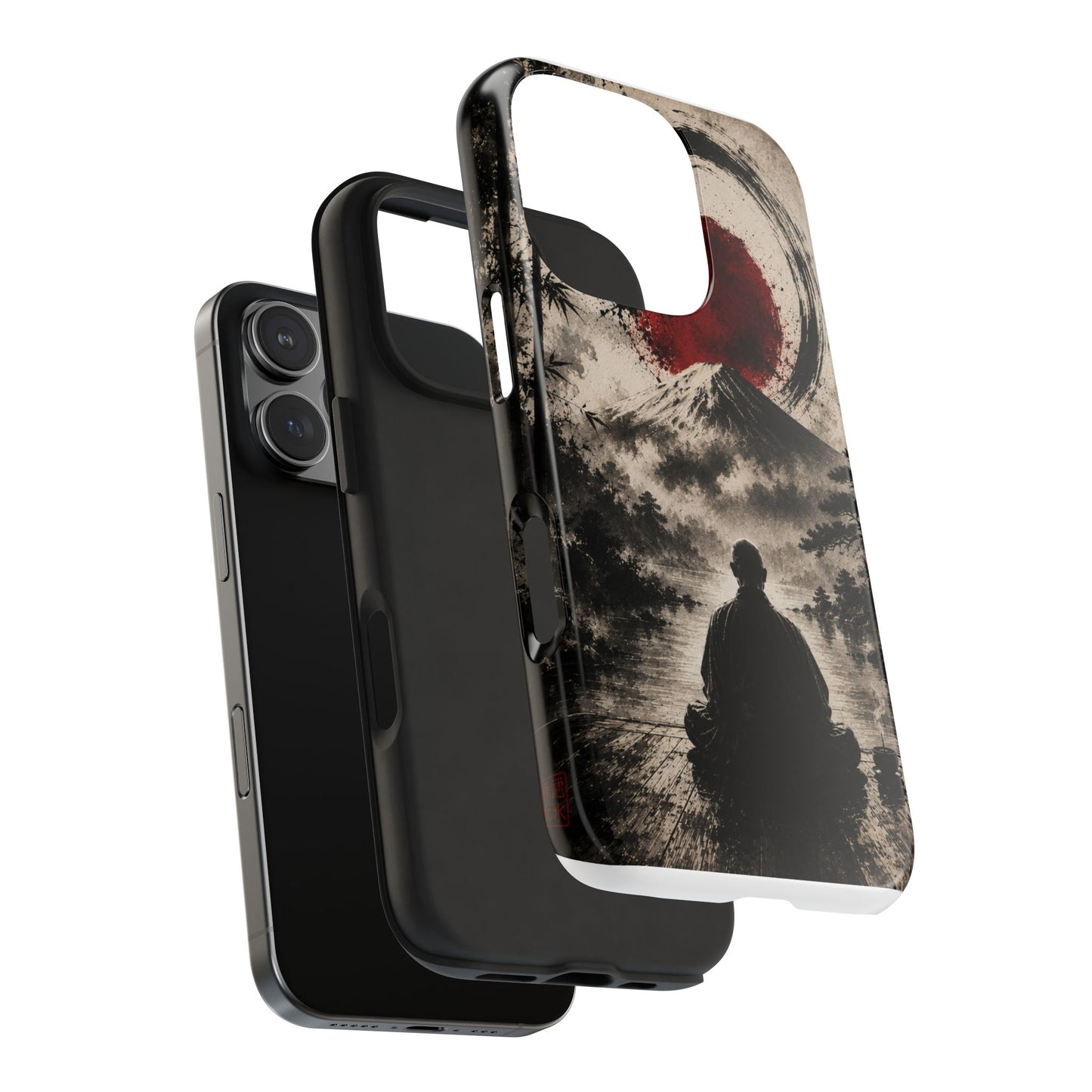 Zen Samurai Phone Case — Japanese Ink Mountain with Rising Sun Tough Protective Cover