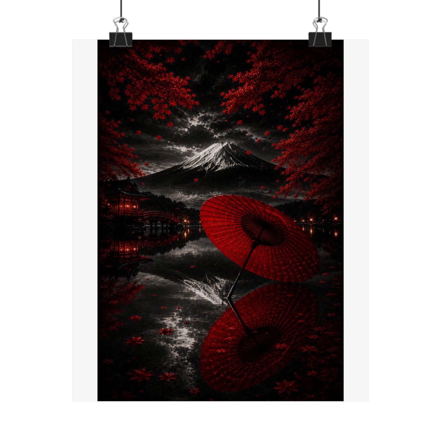 Japanese Red Umbrella & Mount Fuji Matte Poster — Vertical Wall Art