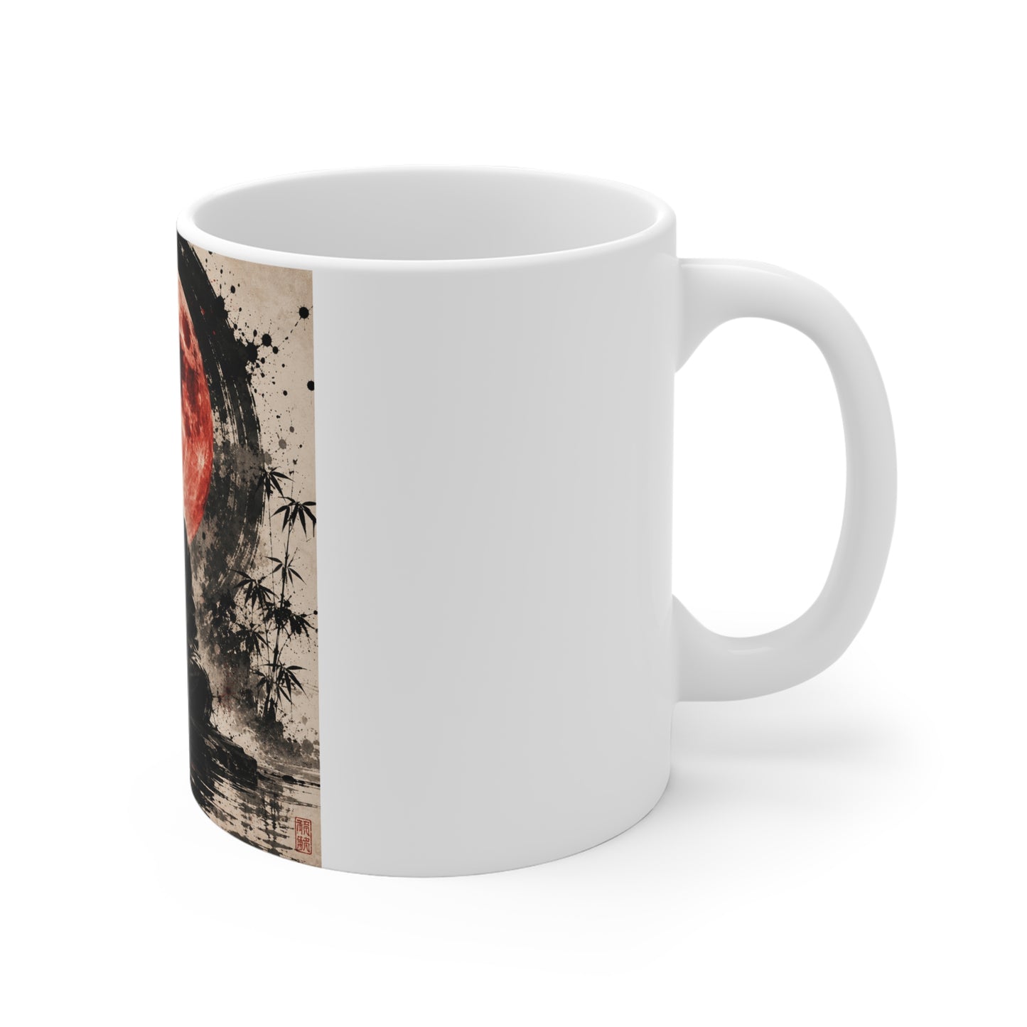 Zen Monk Red Moon Mug — Meditative Samurai Tea Cup with Japanese Calligraphy
