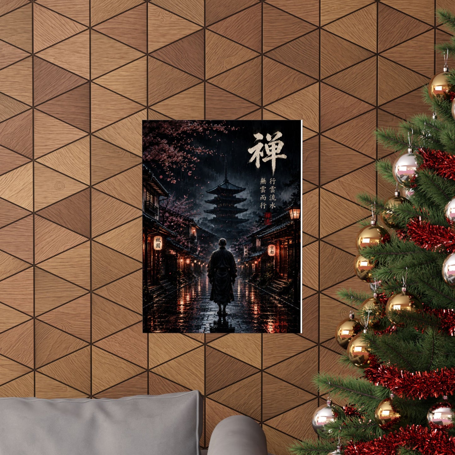 Zen Samurai Matte Poster — Japanese Pagoda Nightscape with Kanji