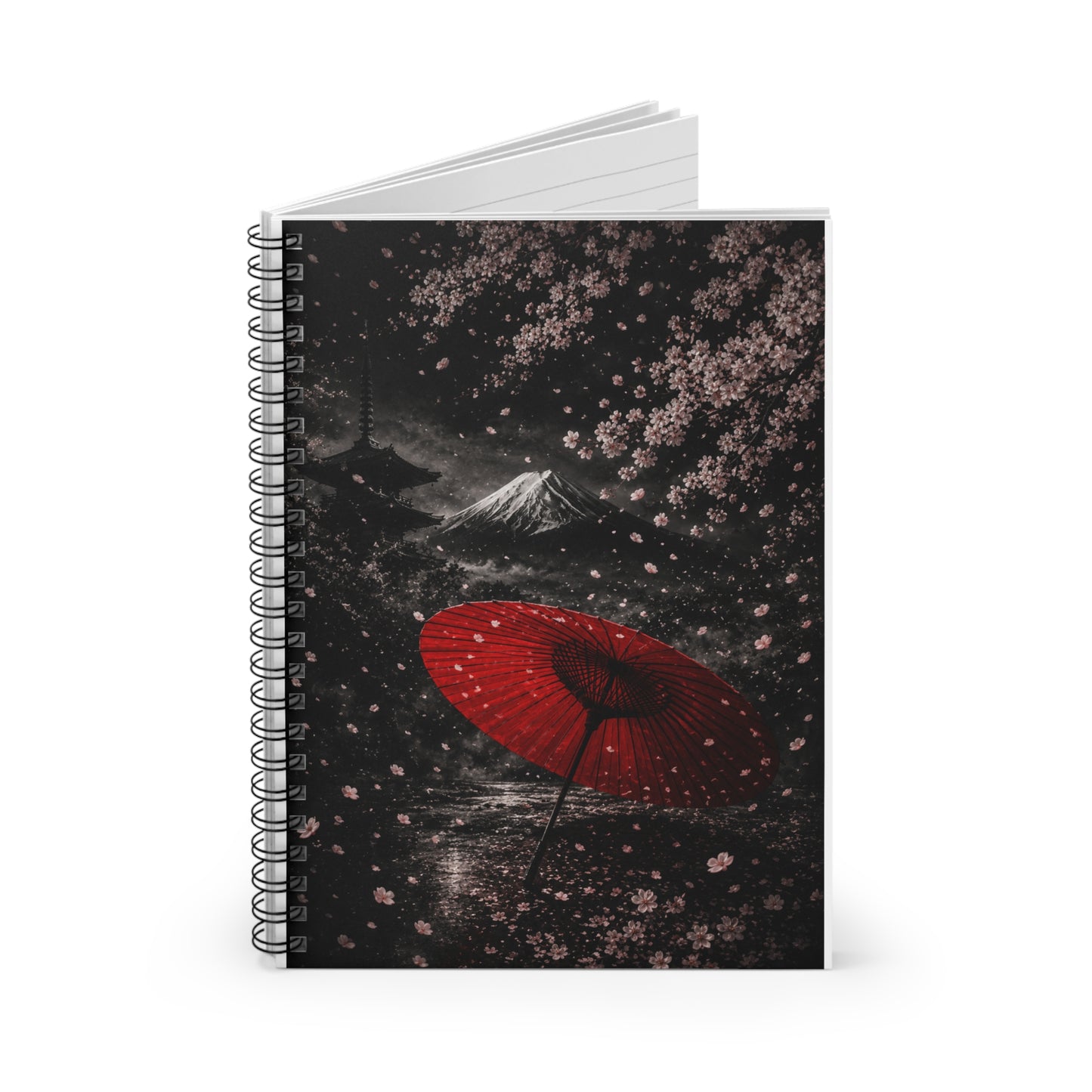 Japanese Cherry Blossom Notebook — Red Umbrella & Mount Fuji Spiral Journal