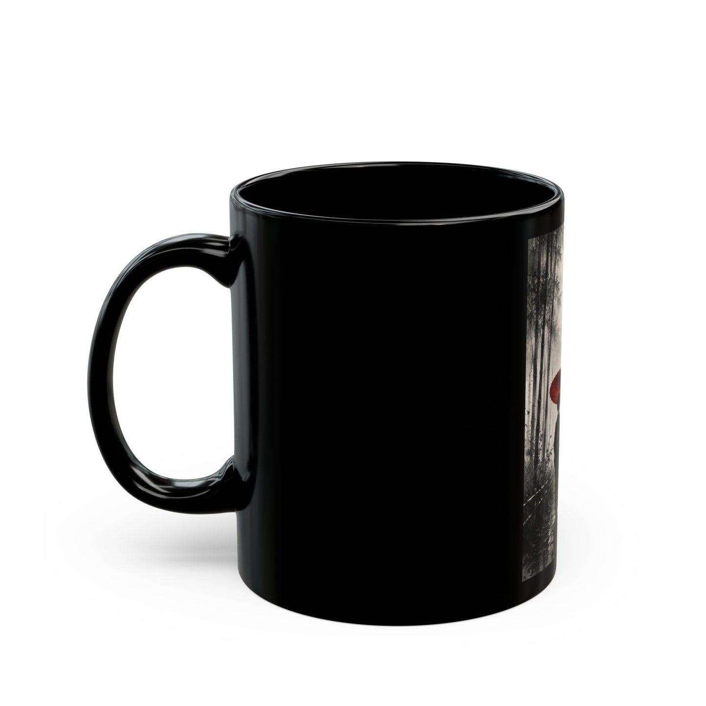 Black Ceramic Mug — Red Umbrella Silhouette in Bamboo Rain (11oz/15oz)