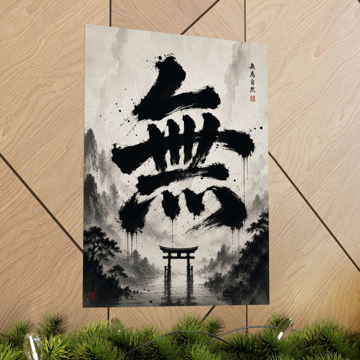 FUJI NOIR Matte Poster — Japanese Sumi-e 'Mu' Calligraphy with Torii Gate (Zen Wall Art)