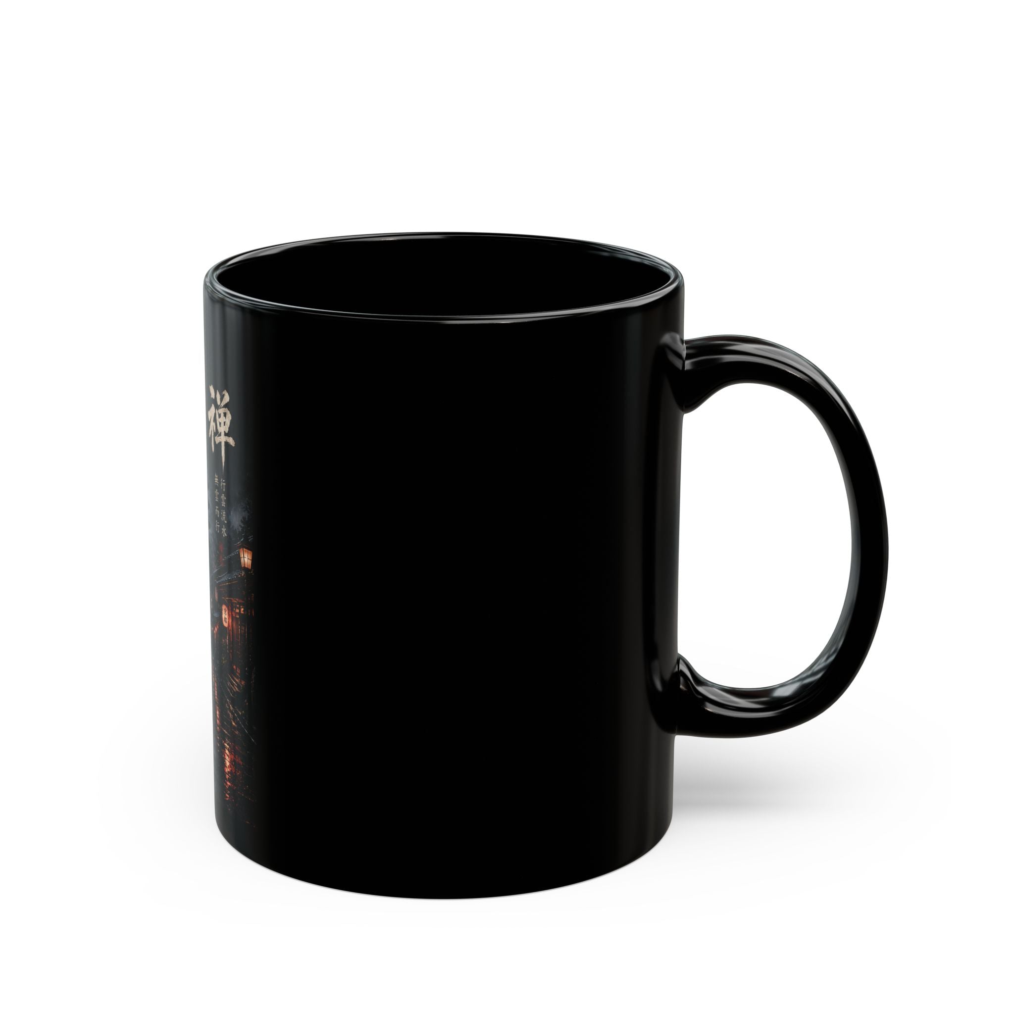 Zen Night Samurai Black Mug — Japanese Pagoda & Kanji Coffee Cup (11oz/15oz)