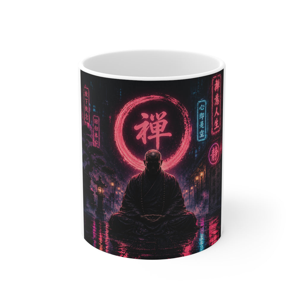 Zen Neon Mug — Meditating Monk with Pink Kanji Circle (11 oz)