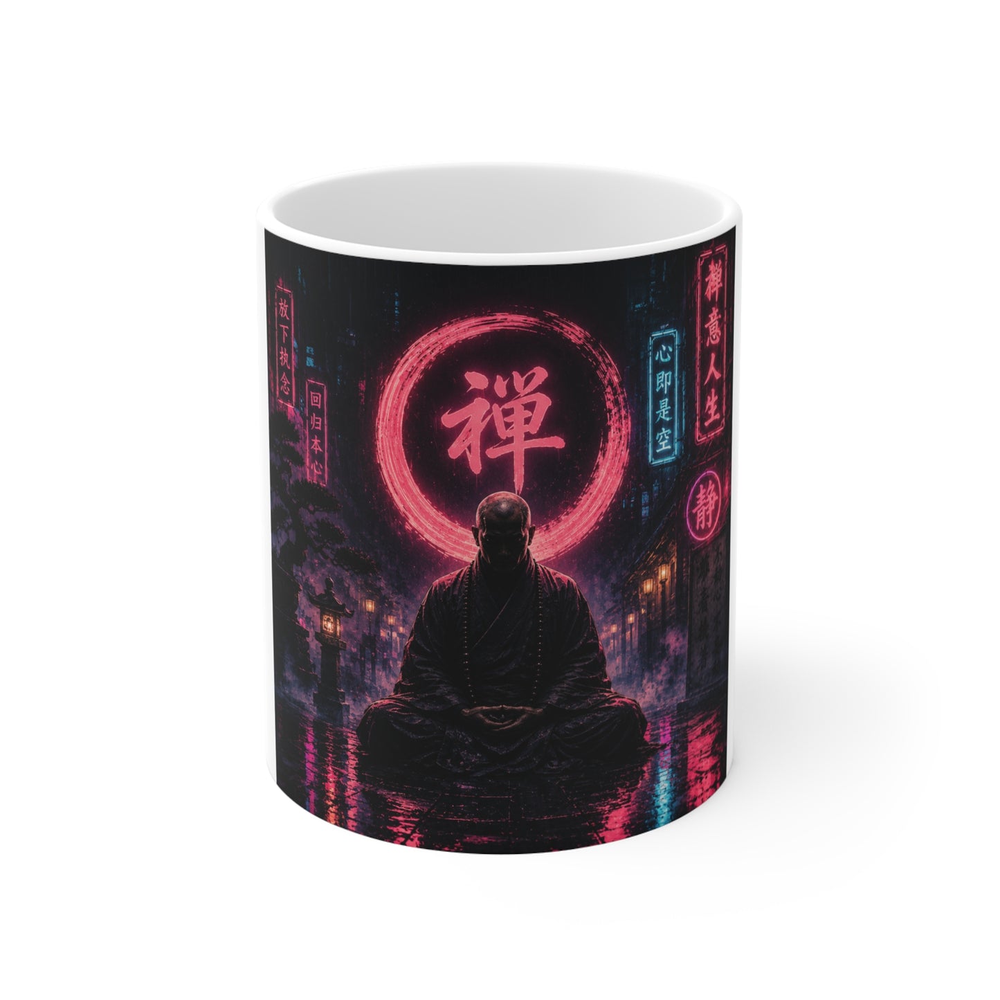 Zen Neon Mug — Meditating Monk with Pink Kanji Circle (11 oz)