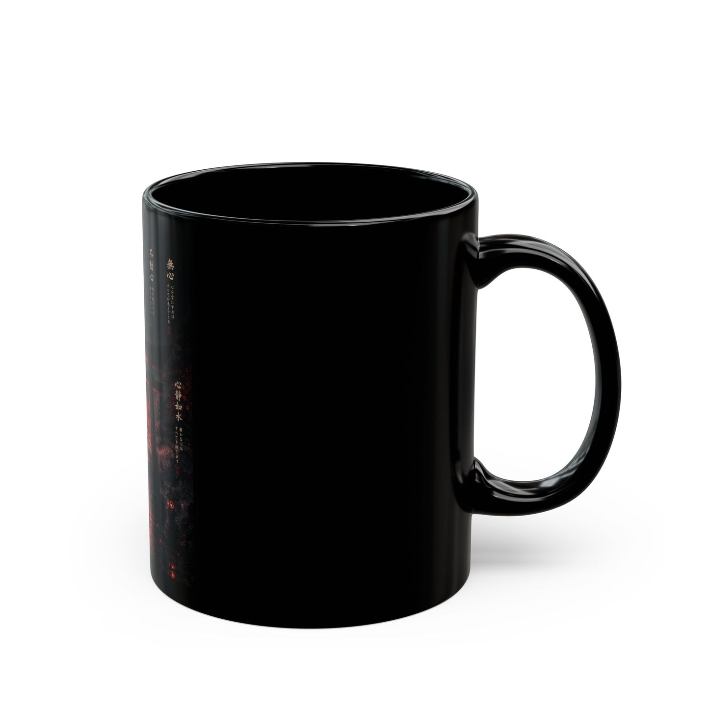 Zen Samurai Black Mug — Japanese Torii, Red Sun & Meditating Warrior (11oz/15oz)