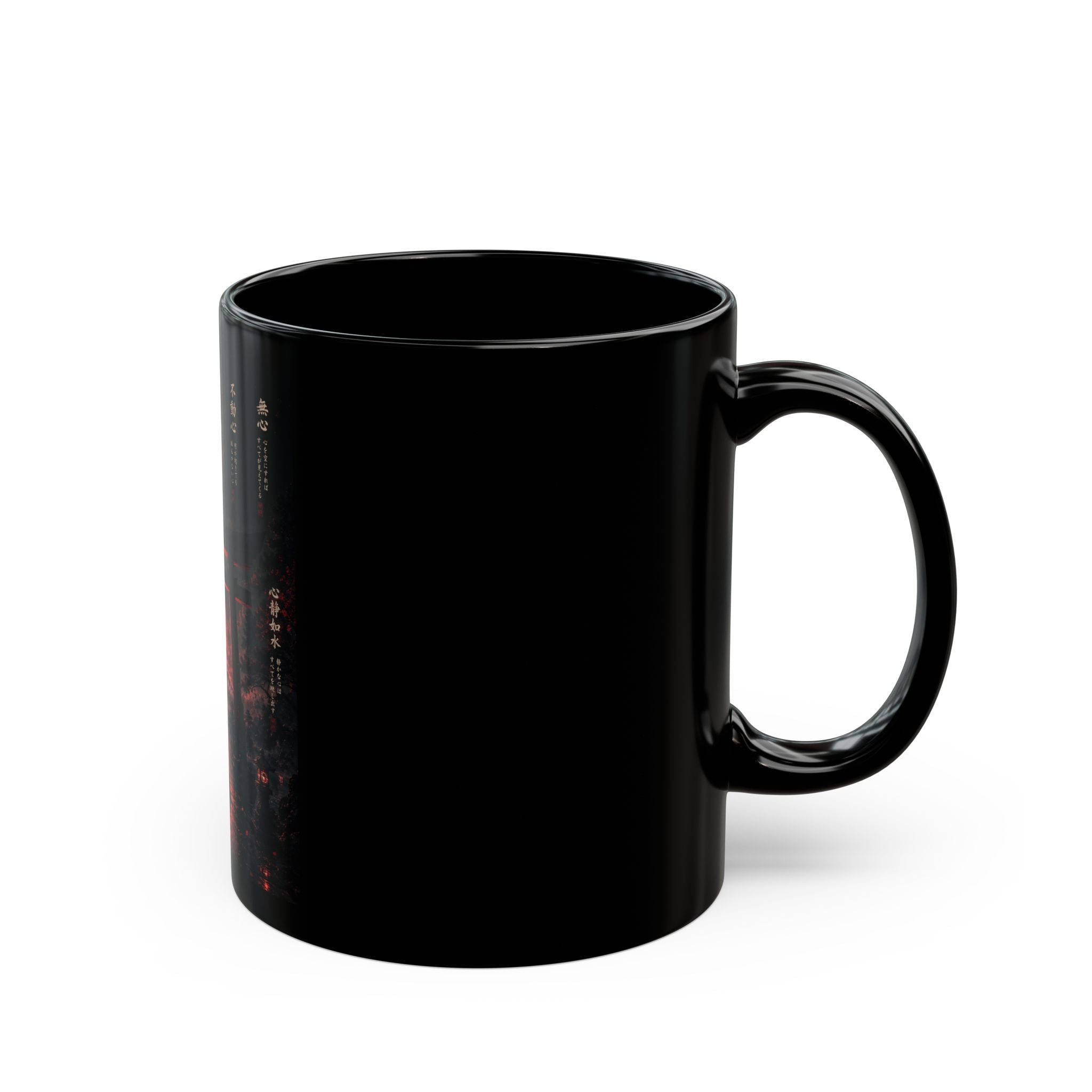 Zen Samurai Black Mug — Japanese Torii, Red Sun & Meditating Warrior (11oz/15oz)