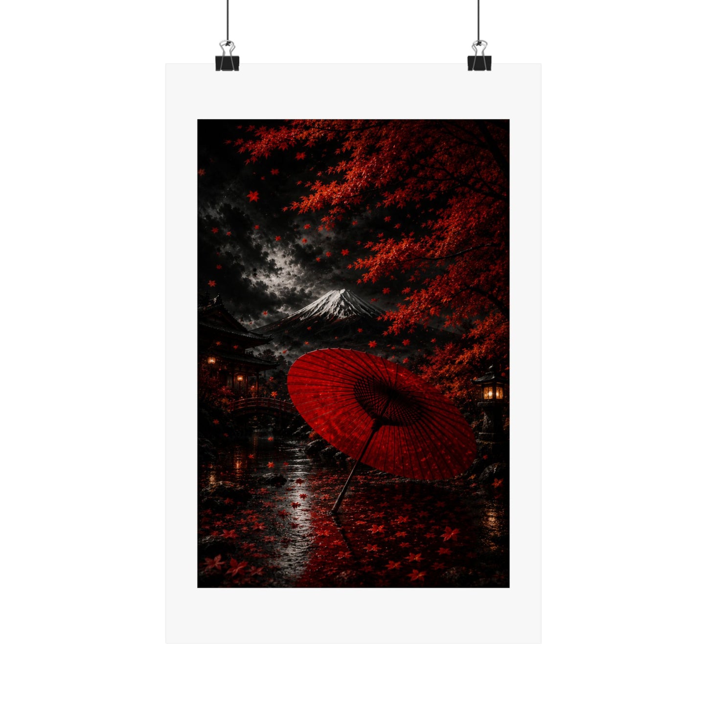 Red Umbrella Autumn Poster — Matte Vertical Japanese Landscape Print