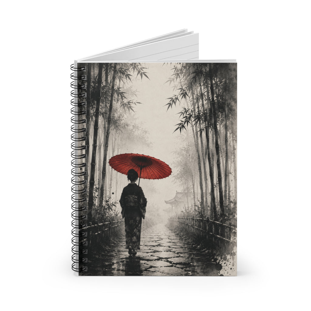 Japanese Geisha with Red Umbrella Spiral Notebook — Lined Journal, Zen Bamboo Path Writing Notebook
