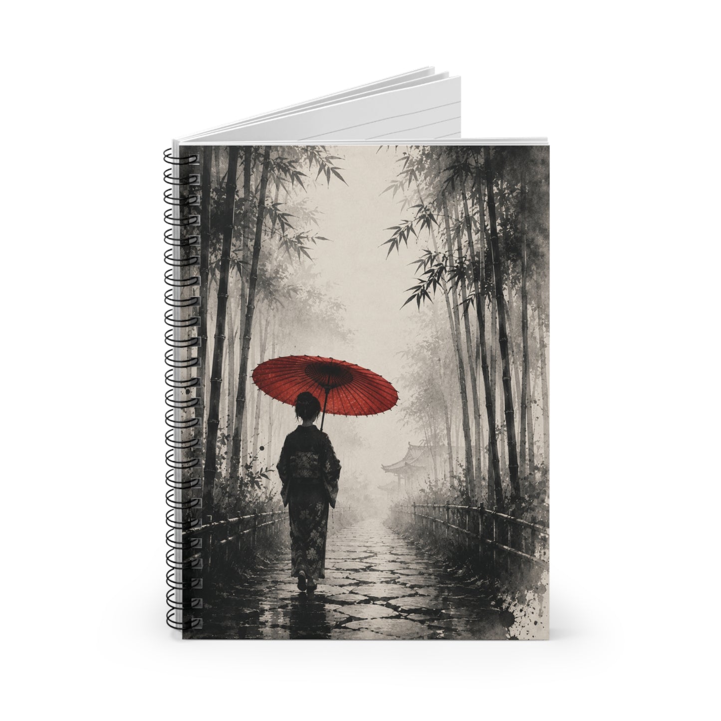 Japanese Geisha with Red Umbrella Spiral Notebook — Lined Journal, Zen Bamboo Path Writing Notebook