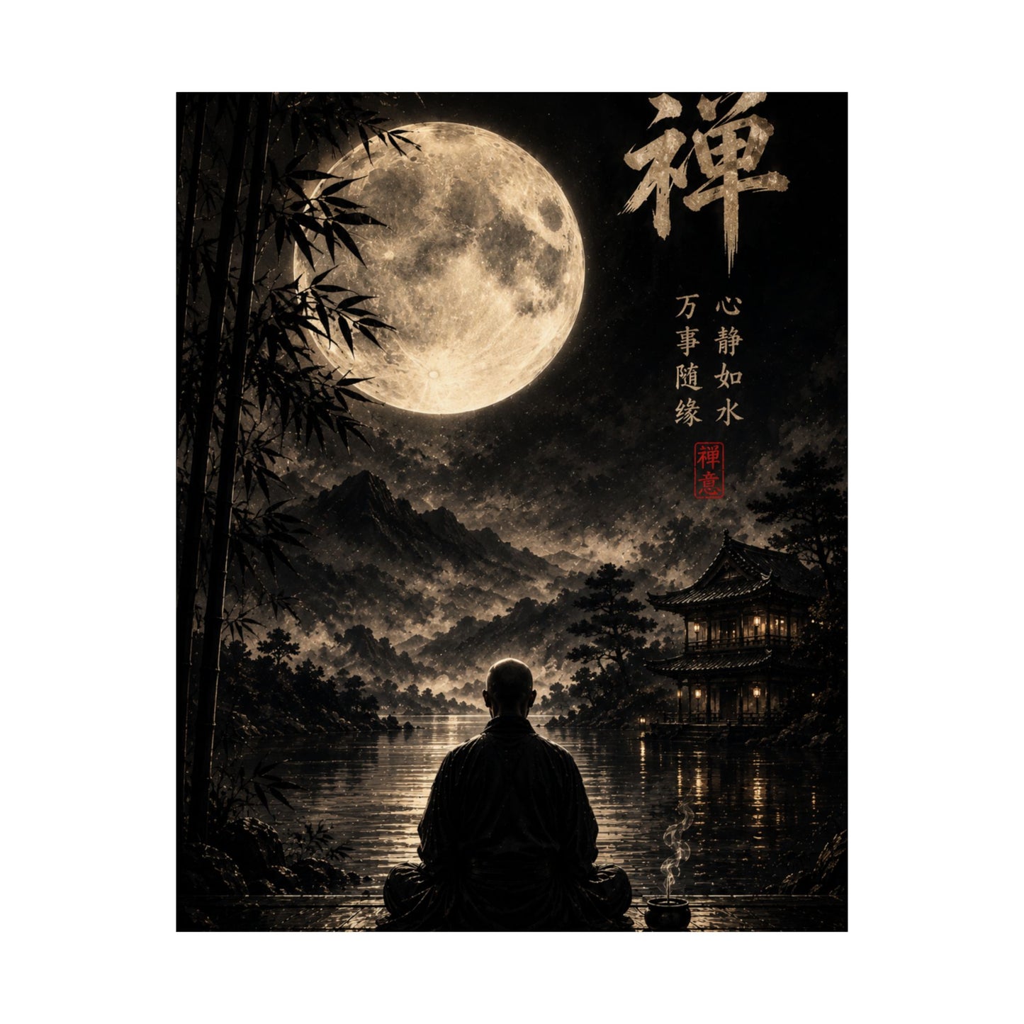 Zen Moon Meditation Poster — Matte Vertical Wall Art with Kanji