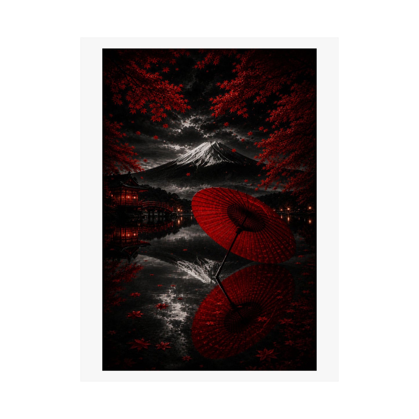 Japanese Red Umbrella & Mount Fuji Matte Poster — Vertical Wall Art