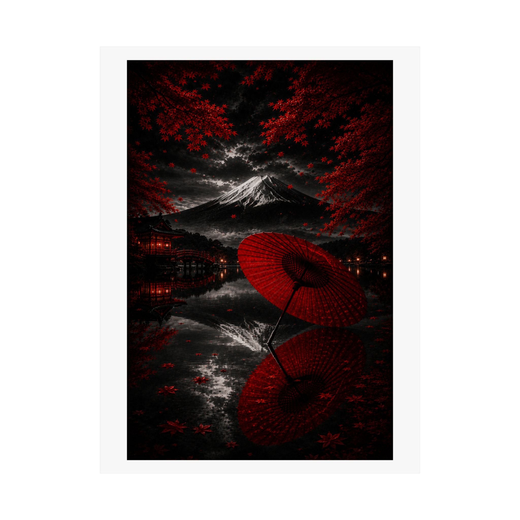 Japanese Red Umbrella & Mount Fuji Matte Poster — Vertical Wall Art