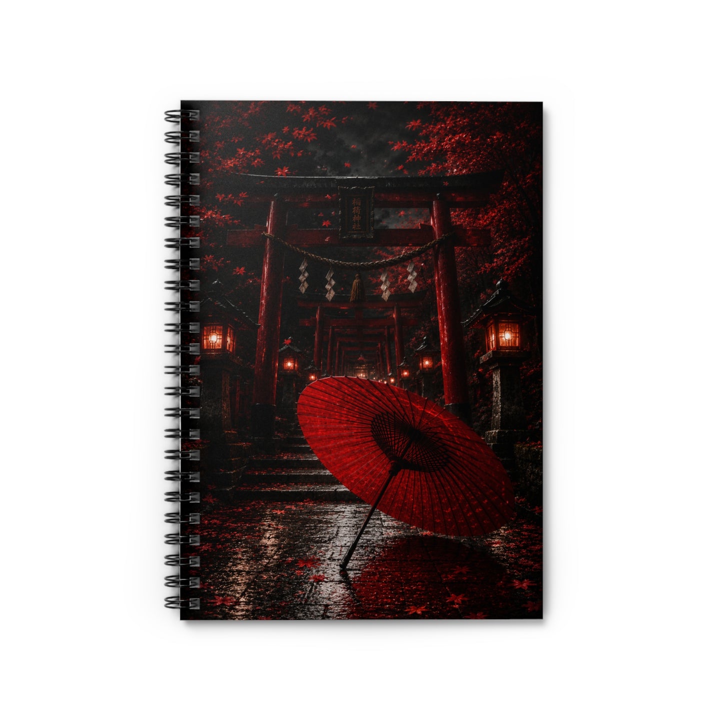Japanese Red Umbrella Spiral Notebook — Sakura Torii Shrine Journal (Ruled)