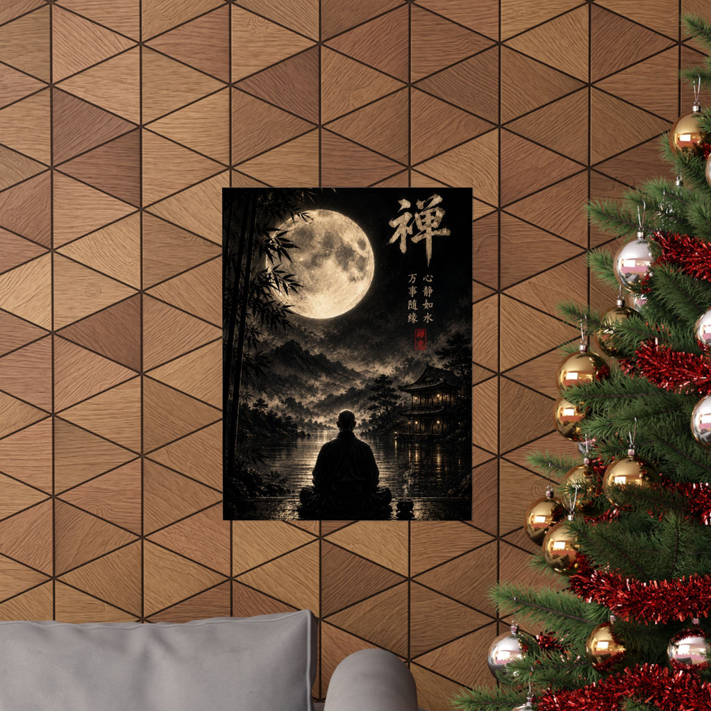 Zen Moon Meditation Poster — Matte Vertical Wall Art with Kanji