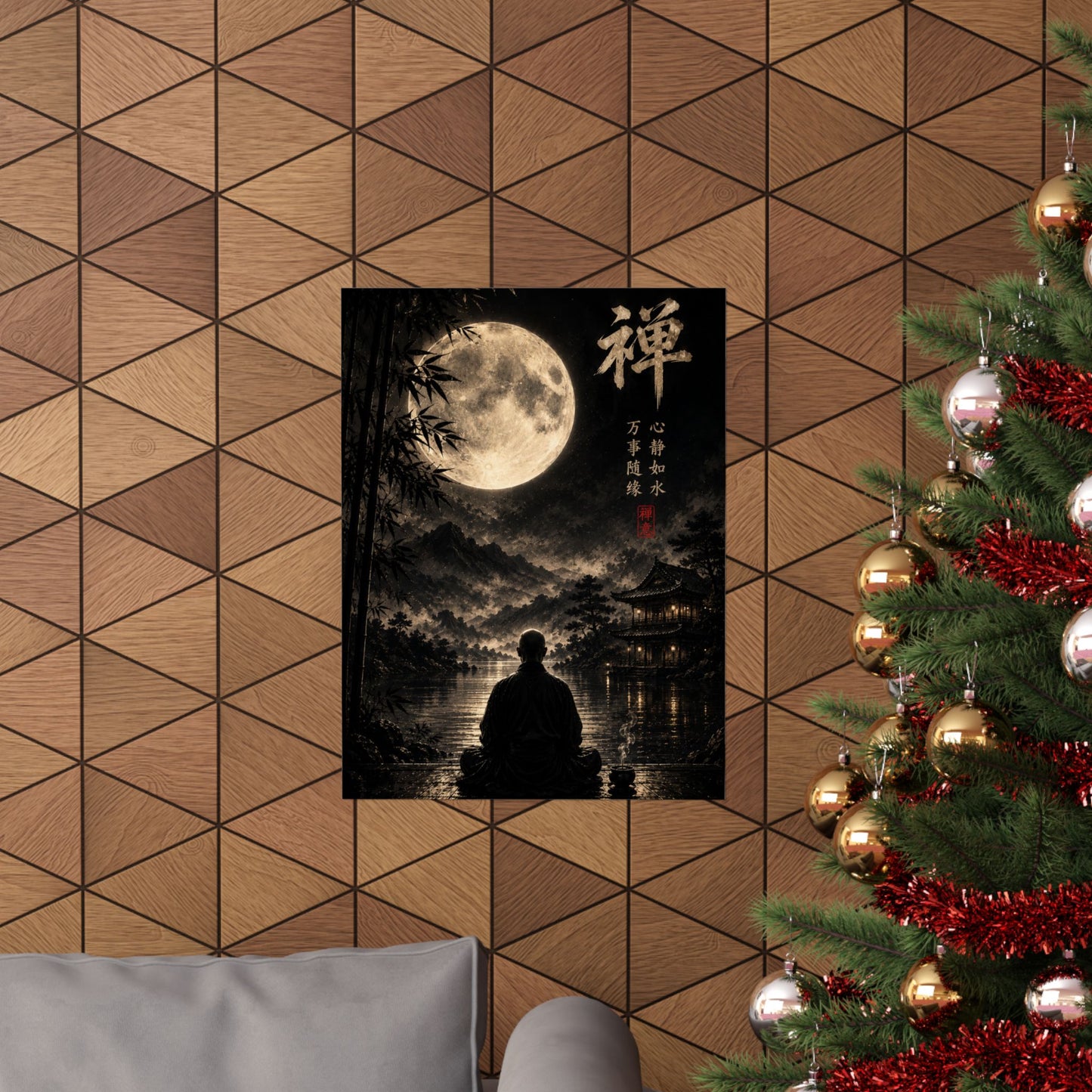 Zen Moon Meditation Poster — Matte Vertical Wall Art with Kanji