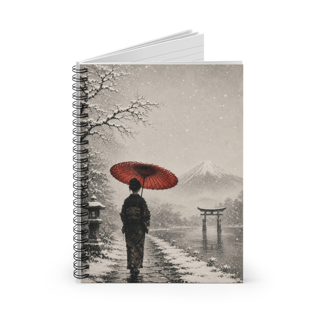 Japanese Winter Scene Spiral Notebook — Woman with Red Umbrella & Mount Fuji Ruled Journal