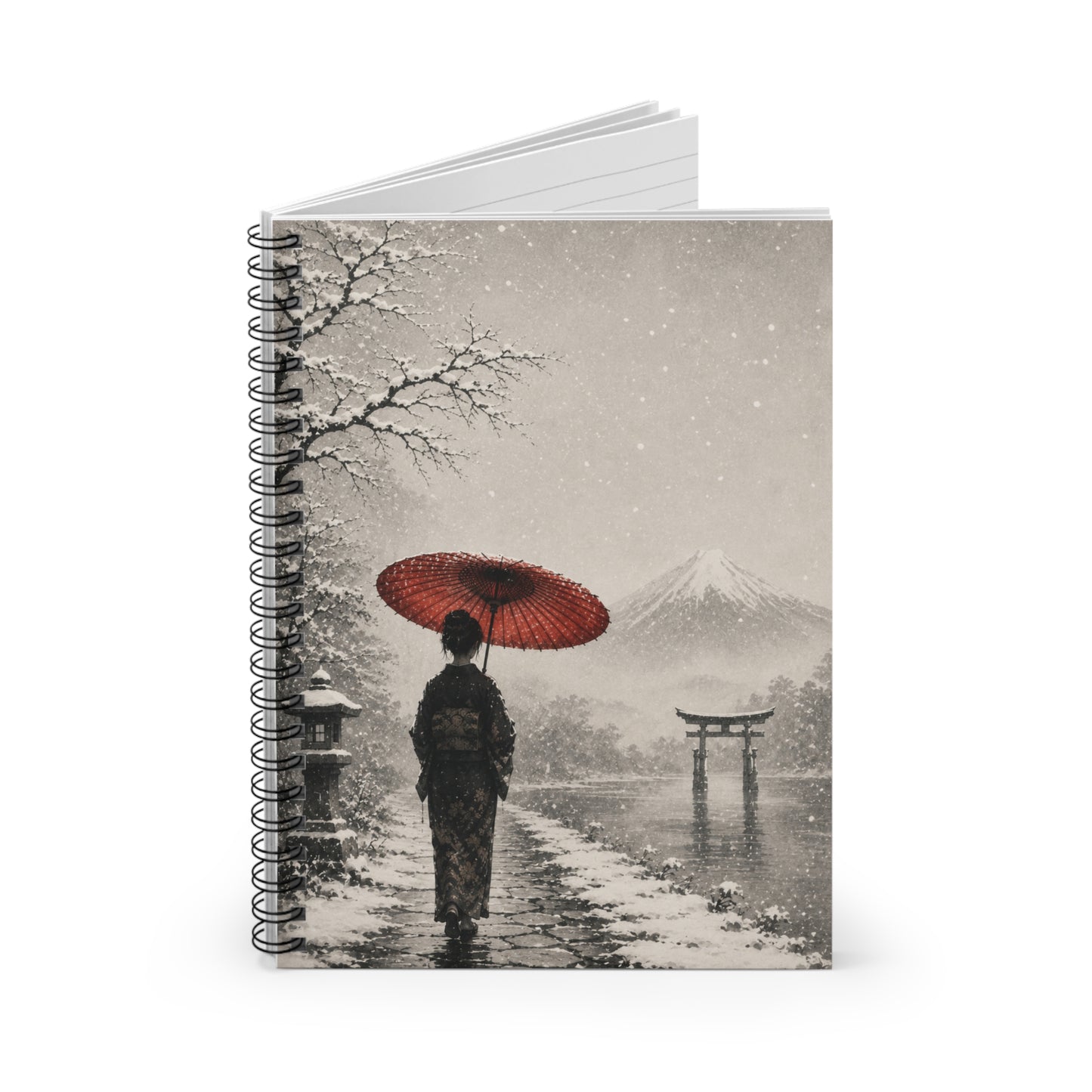 Japanese Winter Scene Spiral Notebook — Woman with Red Umbrella & Mount Fuji Ruled Journal