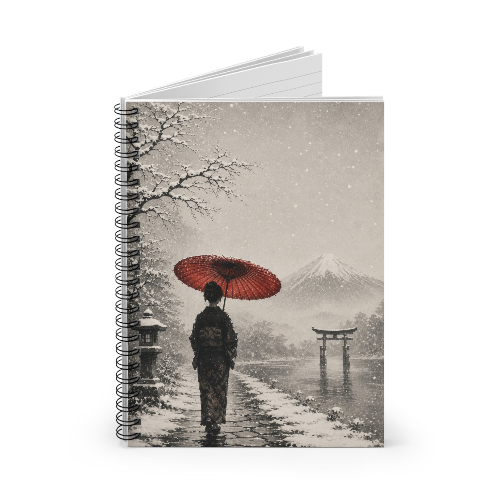Japanese Winter Scene Spiral Notebook — Woman with Red Umbrella & Mount Fuji Ruled Journal