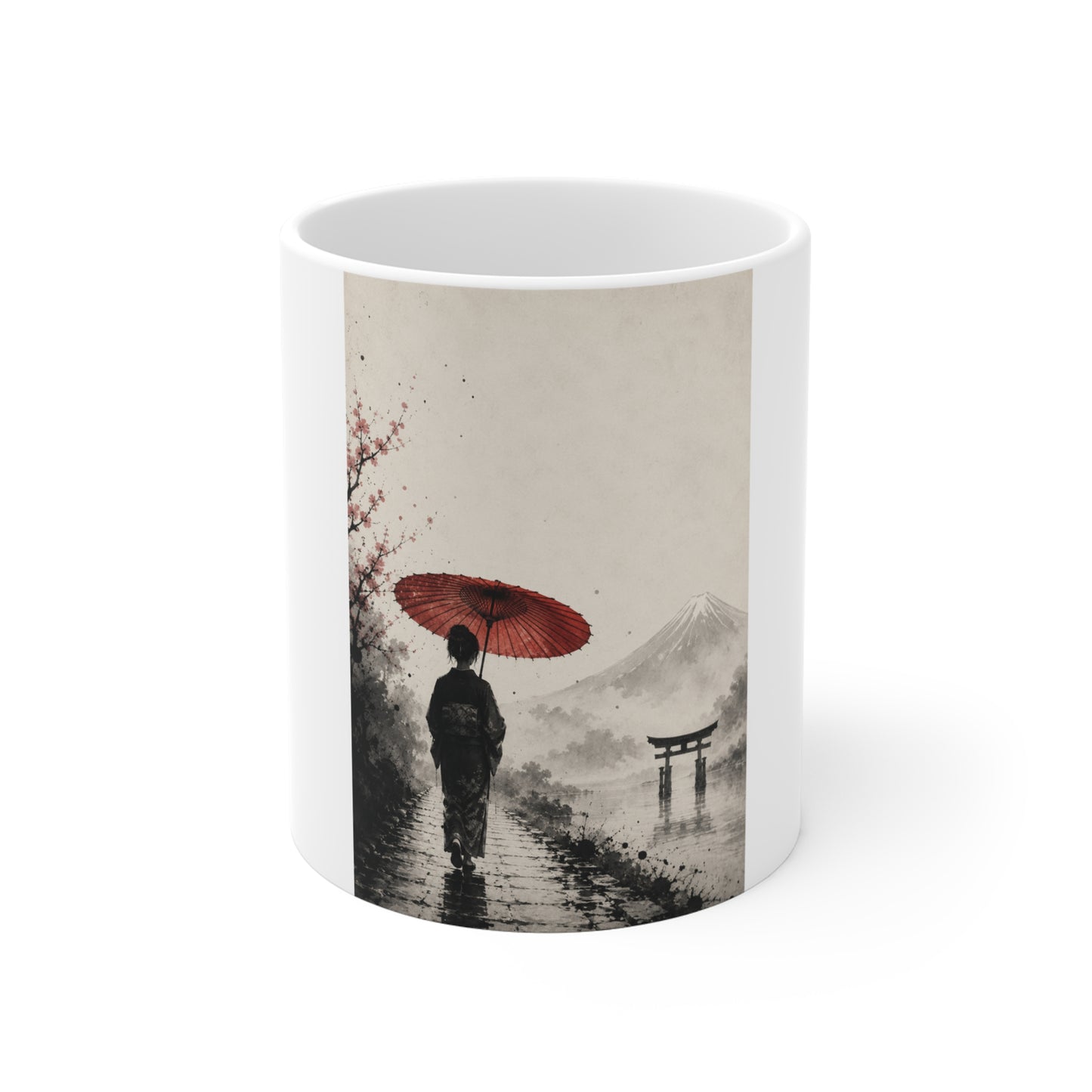 Japanese Sumi-E Mug — Woman with Red Umbrella & Torii Shrine (11oz)