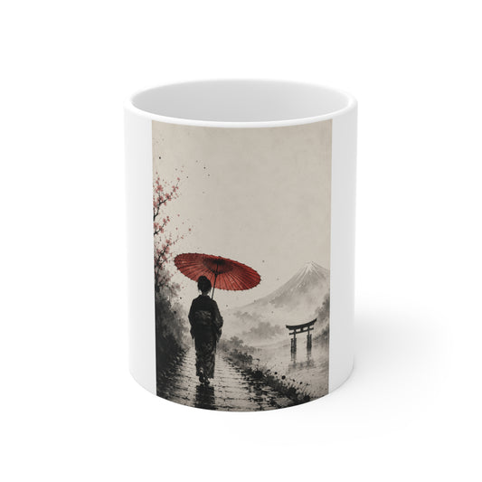 Japanese Sumi-E Mug — Woman with Red Umbrella & Torii Shrine (11oz)