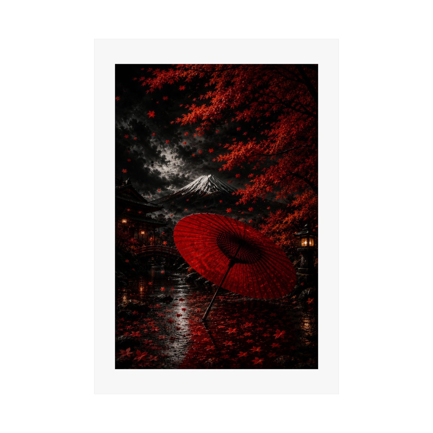 Red Umbrella Autumn Poster — Matte Vertical Japanese Landscape Print