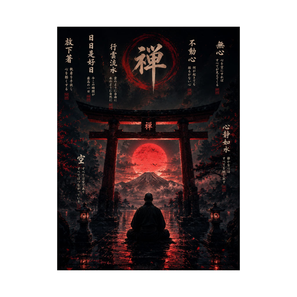 FUJI NOIR Zen Torii Poster — Meditative Samurai Sunset Matte Vertical Print