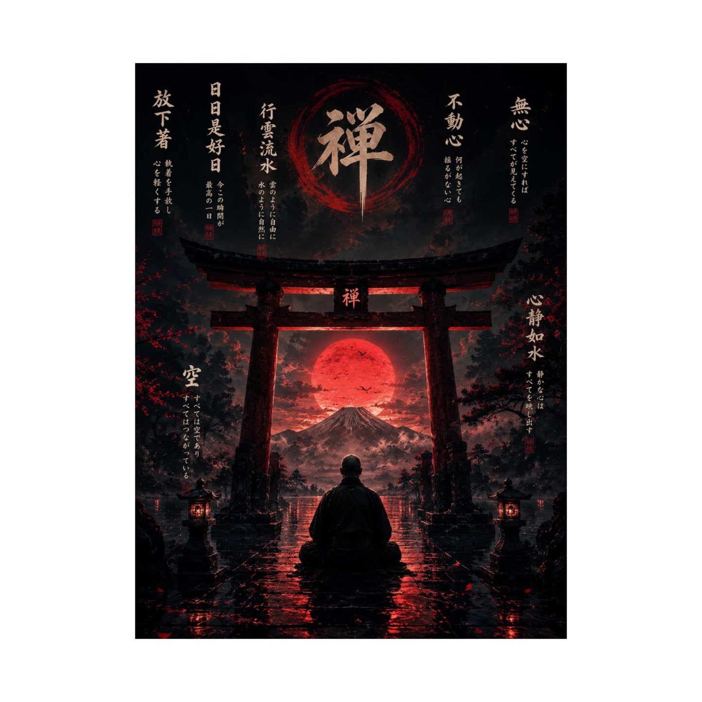 FUJI NOIR Zen Torii Poster — Meditative Samurai Sunset Matte Vertical Print