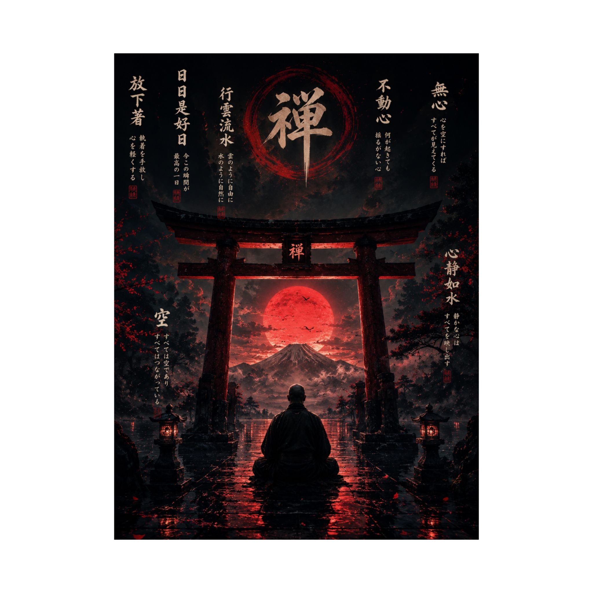 FUJI NOIR Zen Torii Poster — Meditative Samurai Sunset Matte Vertical Print