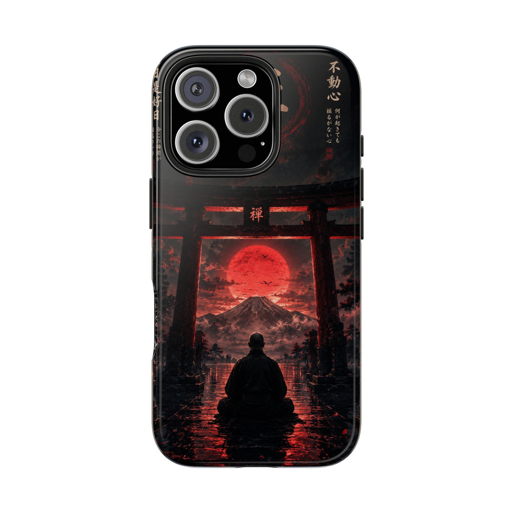 Tough Phone Case — Samurai Silhouette at Red Rising Sun (Japanese Torii, Meditative Design)